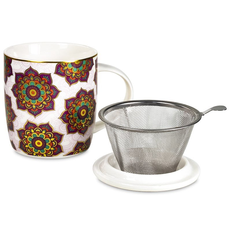 Teetasse mit Sieb und Deckel mandala rot